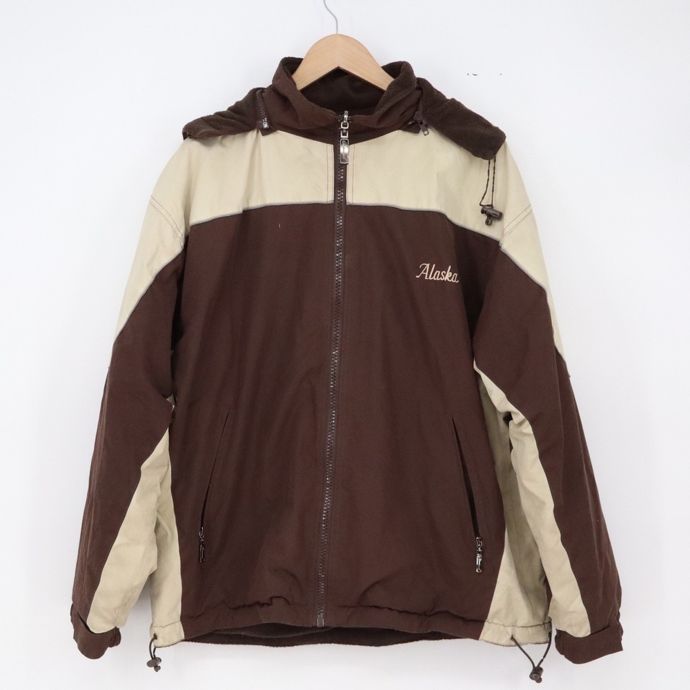 Cheneral Jacket Mens L Alaska Windbreaker Brown Tan Colorblock Hooded Excellent
